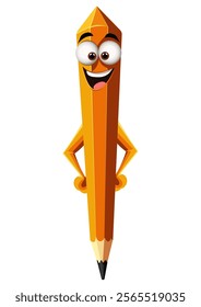 A cartoon character with a yellow pencil and brown eyes. The pencil is smiling and has a red tongue sticking out