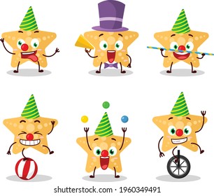 Cartoon character of yellow starfish with various circus shows