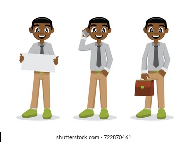 Cartoon character, young African businessman holding mobile phone, briefcase, paper.,vector eps10