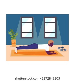 Caricatura de un joven atlético que planea en casa. Tiempo para ejercicios de plank. Estilo de vida activo y saludable. Fomentar la confianza con el deporte y el entrenamiento. Actividad física regular. Vector