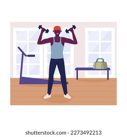 Cartoon character of young athletic man training in gym. Time for sports exercises. Morning workout with dumbbells. Active and healthy lifestyle. Vector