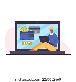Cartoon character of young black man making mobile payments online. Digital bank transactions. Secure banking services. Online shopping benefits. Vector