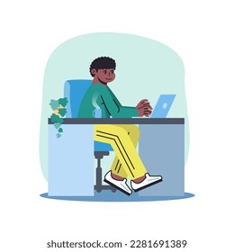 Cartoon character of young black man working at home. Time management strategy for freelancers. Creative employee doing his distant job using laptop. Vector