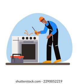 Cartoon character of young black man installing new kitchen stove. Process of making home repair. Apartment renovation idea. Professional repairman at work. Vector