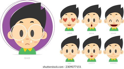 Cartoon character of a young boy in a green shirt expressing a  happy , wow , sad , angry and love.