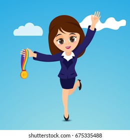 Cartoon character of young business woman with medal.
