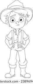 A cartoon character of a young cowboy wearing country farmer clothes with a sad face