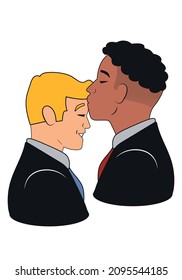 Cartoon character young gay couple embrace   looking each other  romantic   Valentine's day concept
