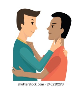 Cartoon character of young gay couple embrace and looking each other, romantic and Valentine's day concept. Flat design. 