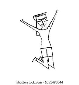 cartoon character young graduate woman jump from happiness