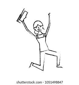 cartoon character young graduate woman jump from happiness