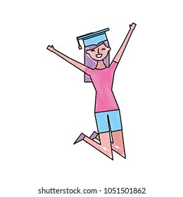 cartoon character young graduate woman jump from happiness