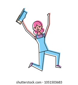 cartoon character young graduate woman jump from happiness