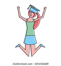 cartoon character young graduate woman jump from happiness