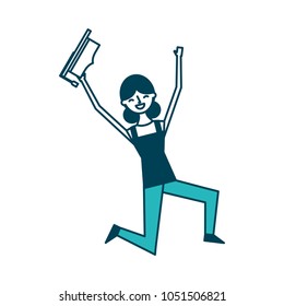 cartoon character young graduate woman jump from happiness