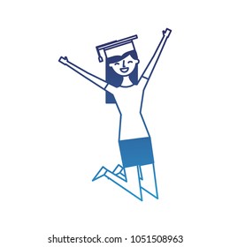 cartoon character young graduate woman jump from happiness