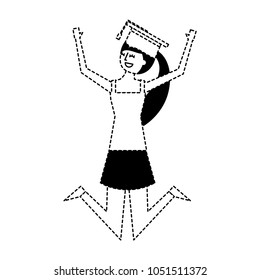 cartoon character young graduate woman jump from happiness