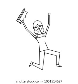 cartoon character young graduate woman jump from happiness