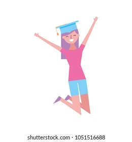 cartoon character young graduate woman jump from happiness