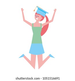 cartoon character young graduate woman jump from happiness