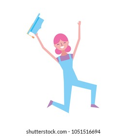 cartoon character young graduate woman jump from happiness