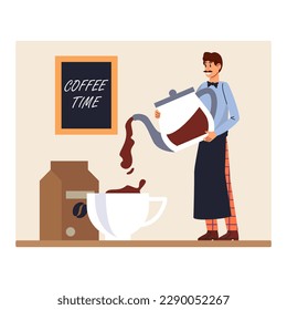 Cartoon character of young man in apron working as barista. Positive coffee shop worker. Process of preparation latte at cafe. Small business owner. Vector