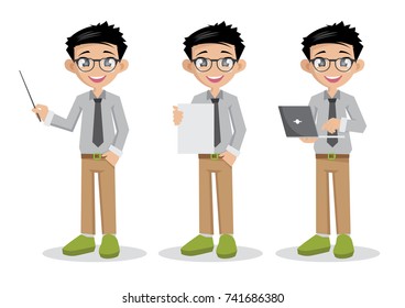 Cartoon character, young man businessman holding laptop, paper or pointer.,vector eps10