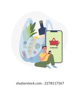 Cartoon character of young man buying groceries online. Ordering bread, vegetables and beverages via mobile application. Fast online food shopping. Vector