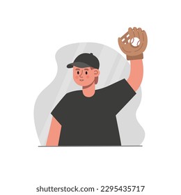 Cartoon character of young man in cap and gloves playing baseball. Time for professional sports and training. Concept of healthy and active lifestyle. Vector