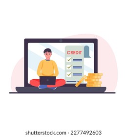 Cartoon character of young man checking his credit history in bank. Secure finance management. Loan disbursement process. Way to financial success and money growth. Vector