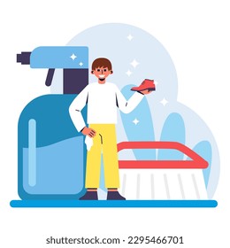 Cartoon character of young man with clean shoe working in dry cleaning services. Professional cleaning of footwear using detergents. Small business startup owner. Vector