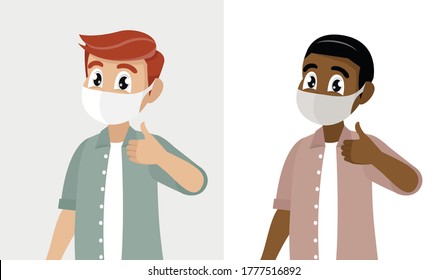 Caricatura, joven cubriendo la cara con máscara médica y mostrando el símbolo de los pulgares hacia arriba. Persona con protección facial higiénica y signo de éxito gestante.,vector eps10