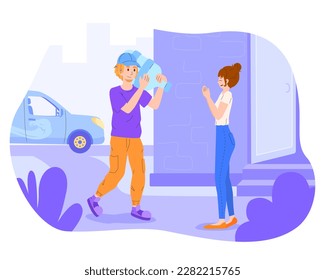 Cartoon character of young man delivering water for woman. Express city courier services. Process of doorstep delivery to home. Technology and logistics. Vector