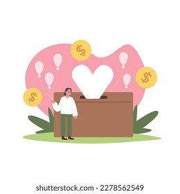 Cartoon character of young man donating money for charity. Volunteer organization representative. Financial aid and support for needy and poor people. Vector