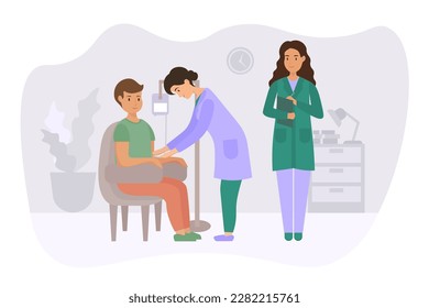 Cartoon character of young man donating his blood in hospital. Doctor and nurse taking lifeblood to test flasks. Male volunteer sitting in hospital medical chair. Vector