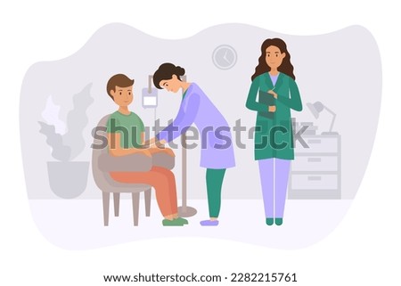 Cartoon character of young man donating his blood in hospital. Doctor and nurse taking lifeblood to test flasks. Male volunteer sitting in hospital medical chair. Vector