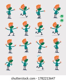 Cartoon character young man dressed casually with mask and virus COVID in smart casual style. Set with different postures, attitudes and poses, doing different activities in isolated vector illustration