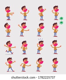 Cartoon character young man dressed casually with mask and virus COVID in smart casual style. Set with different postures, attitudes and poses, doing different activities in isolated vector illustrati