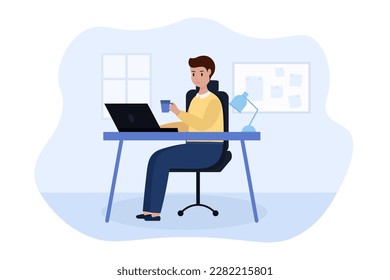 Caricatura de un joven tomando té y trabajando con una laptop. Especialista en TI haciendo su tarea. Persona escribiendo código de equipo. Proceso de ingeniería de software. Estilo de vida de los trabajadores de oficina. Vector
