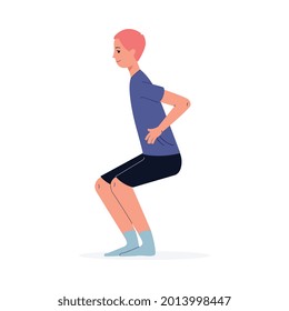 Cartoon Charakter eines jungen Mannes, der Sport zu Hause treibt. Die Menschen interessieren sich für Gesundheit zu Hause, flache Vektorgrafik einzeln auf weißem Hintergrund.