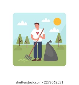 Cartoon character of young man gathering trash alone. Volunteer taking care of environment. Process of cleaning environment litter. Environmental protection and nature care. Vector