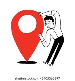 Cartoon character young man holding a big map marker. Hand drawn vector illustration doodle style.