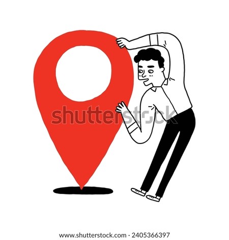 Cartoon character young man holding a big map marker. Hand drawn vector illustration doodle style.