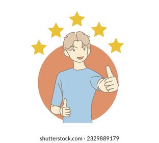 cartoon character. Young man making good sign, shows gesture cool. Customer review rating and client feedback concept. Smiling cute brunette male. 2d vector illustration