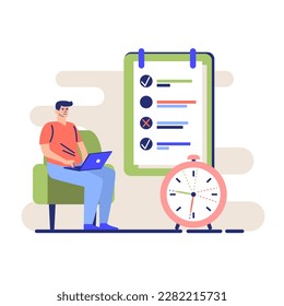 Cartoon character of young man organizing their time when working. Practice of time management efficiency in business process. Good business process. Vector