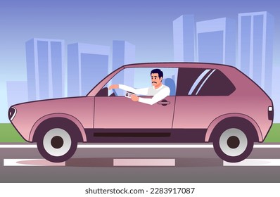 Cartoon character of young man passing exam to receive driving license. Process of taking driving courses in school. Time for exam preparation. Vector