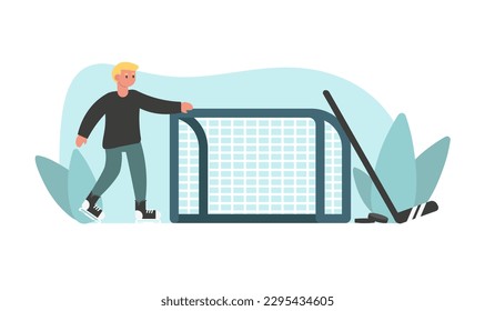 Cartoon character of young man preparing for playing hockey. Active and healthy lifestyle. Regular physical activity. Time for training indoor. Vector