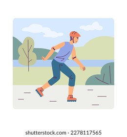Cartoon character of young man riding roller skates. Idea of eco friendly transportation in city. Active urban lifestyle. Modern green electric vehicles. Vector