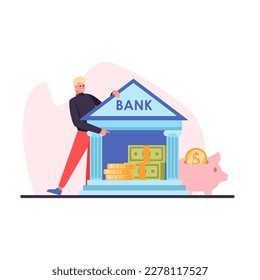 Caricatura de un joven ahorrando su dinero en el banco. Proceso moderno de gestión de las finanzas. Beneficio de la inversión empresarial. Valiosos recursos económicos. Vector