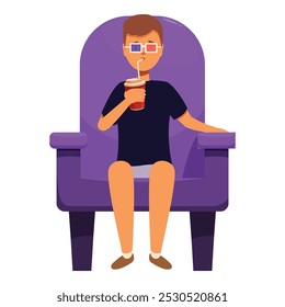 Cartoon character of young man sitting in cinema chair, wearing 3d glasses and drinking soda, watching movie